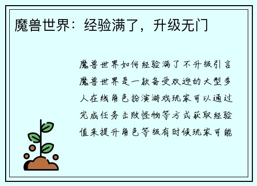 魔兽世界：经验满了，升级无门